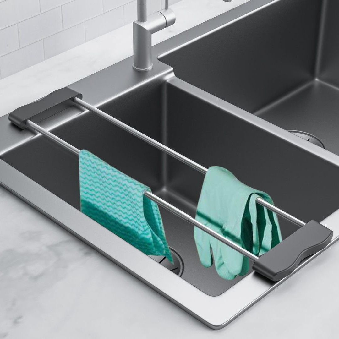 Heavy-Duty Stainless Steel Kitchen sink bridge rack with two parallel silver rods and dark grey end supports