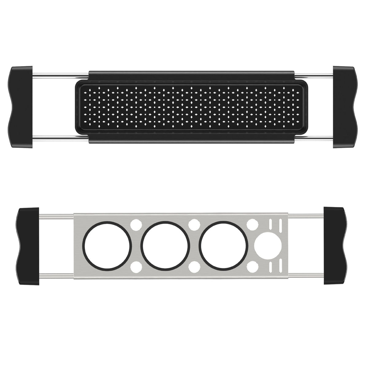 Heavy-Duty Stainless Steel Kitchen sink rack with silver rails, black end grips, and perforated black and silver inserts