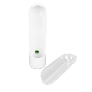 Herb Keeper Herb Storage Container in clear plastic, with a tall white base, green water indicator and removable transparent lid