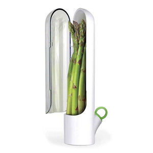 Herb Keeper Herb Storage Container in white plastic with a clear hinged lid, holding fresh green asparagus spears