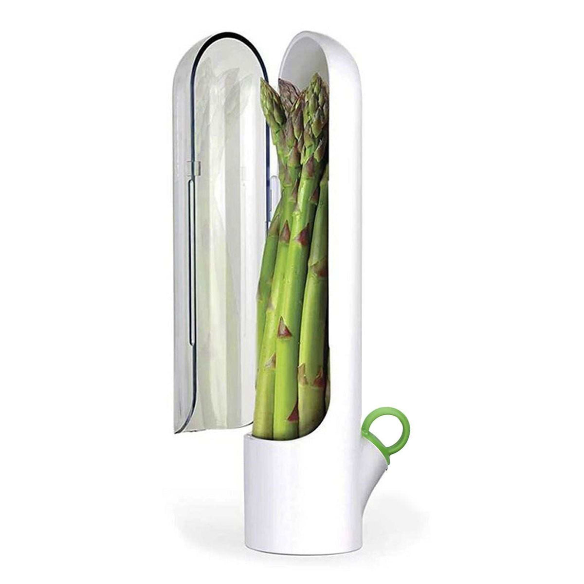 Herb Keeper Herb Storage Container in white plastic with a clear hinged lid, holding fresh green asparagus spears