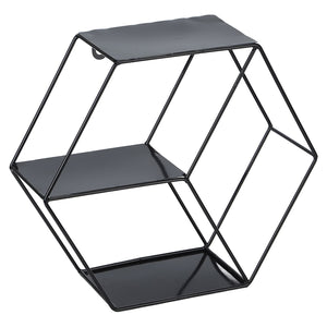 Hex Shelves black metal wall shelf with three glossy rectangular platforms and an open geometric hexagonal frame