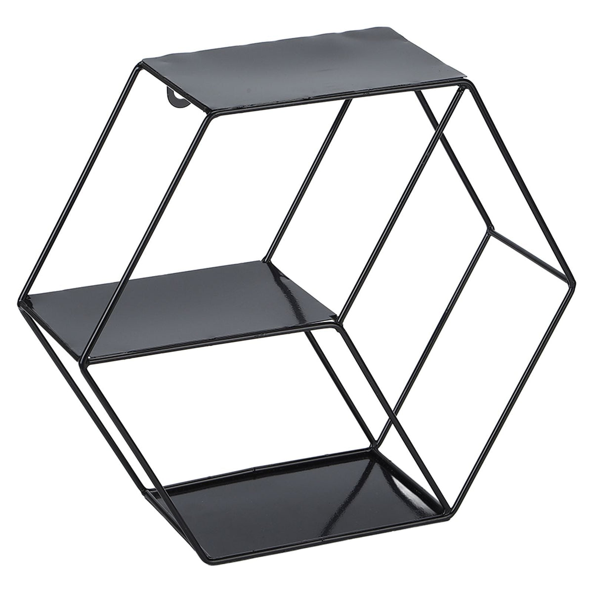 Hex Shelves black metal wall shelf with three glossy rectangular platforms and an open geometric hexagonal frame