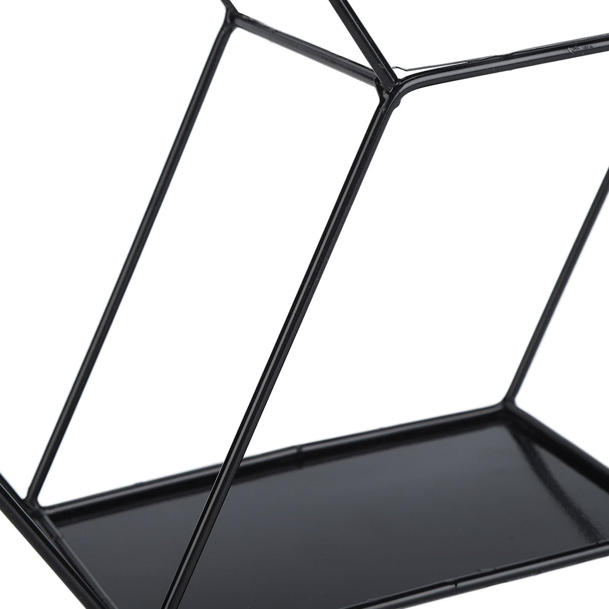 Hex Shelves black metal wall shelf with a glossy rectangular base and open geometric wire frame
