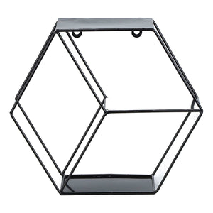 Hex Shelves black metal wall shelf with an open geometric hexagon frame and three slim display tiers