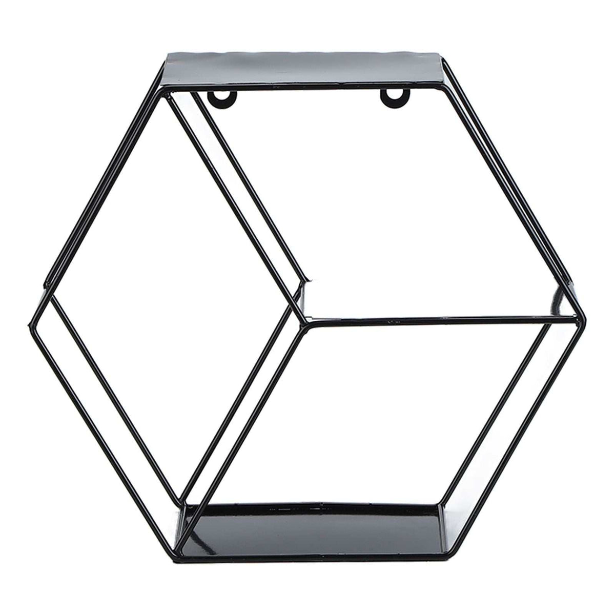 Hex Shelves black metal wall shelf with an open geometric hexagon frame and three slim display tiers