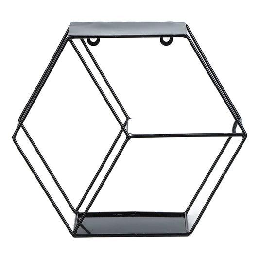 Hex Shelves black metal wall shelf with an open geometric hexagon frame and three slim display tiers
