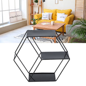 Hex Shelves black metal wall shelf with a geometric hexagonal wire frame and three flat display tiers