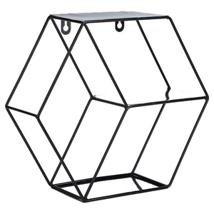 Hex Shelves black wrought iron wall shelf with an open geometric hexagonal frame and flat top surface