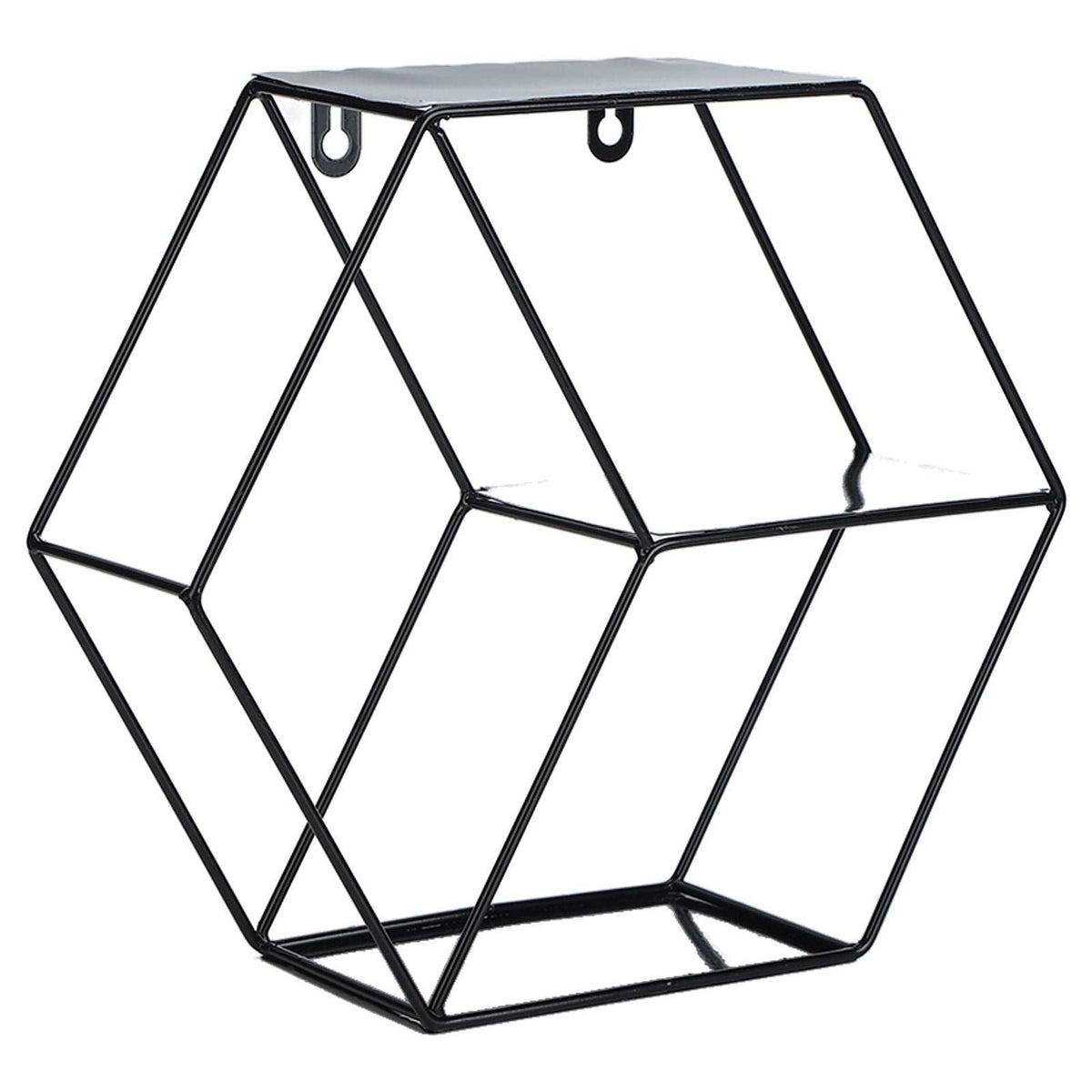 Hex Shelves black wrought iron wall shelf with an open geometric hexagonal frame and flat top surface