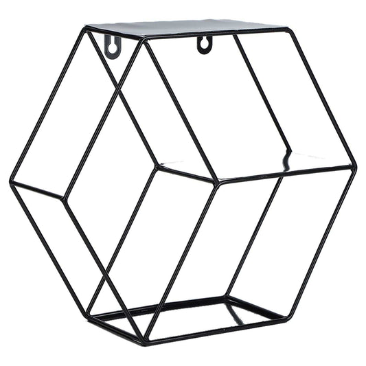 Hex Shelves black wrought iron wall shelf with an open geometric hexagonal frame and flat top surface