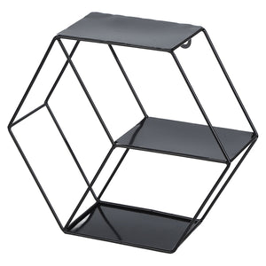 Hex Shelves black wrought iron geometric wall shelf with a hexagonal frame and three flat display tiers