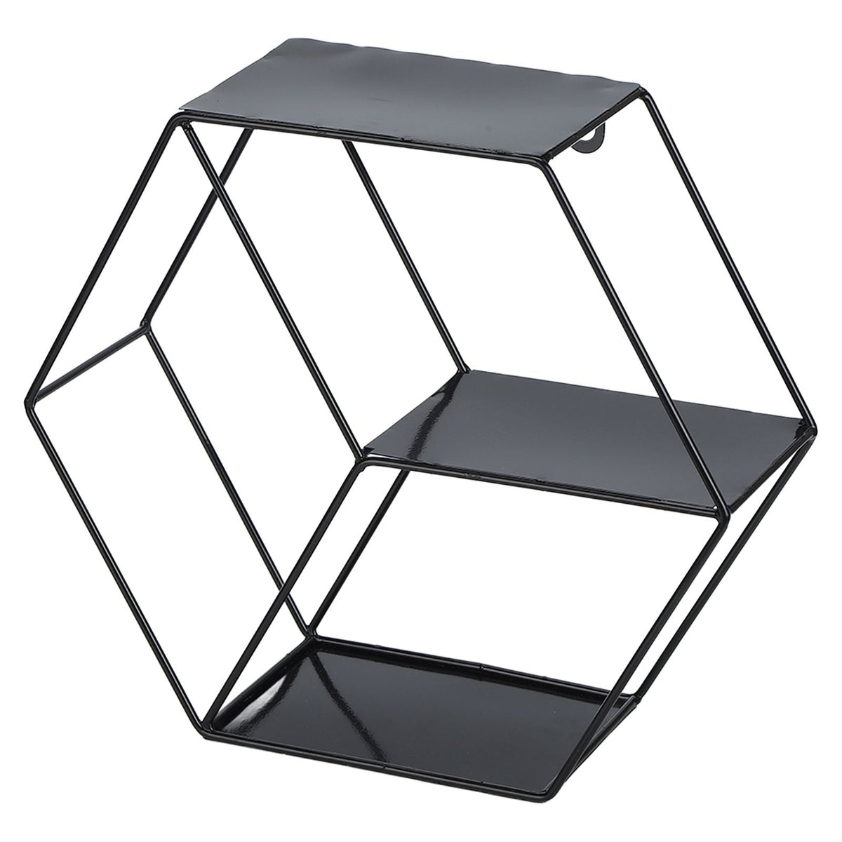 Hex Shelves black wrought iron geometric wall shelf with a hexagonal frame and three flat display tiers