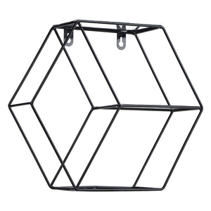 Hex Shelves black wrought iron wall shelf with geometric hexagonal wire frame and open display spaces