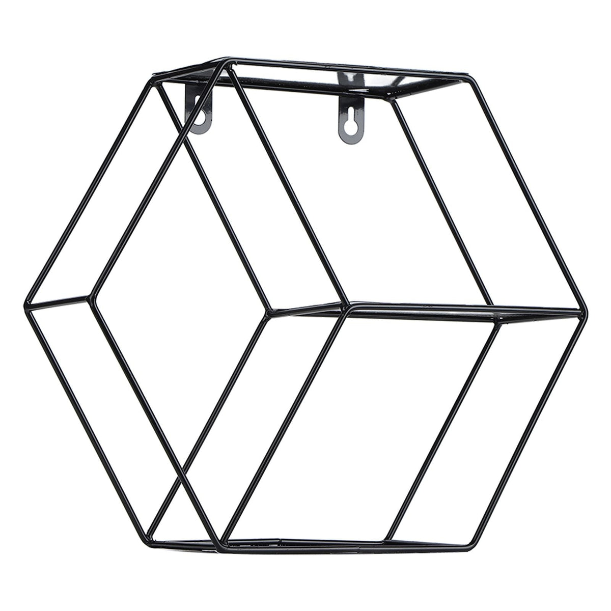 Hex Shelves black wrought iron wall shelf with geometric hexagonal wire frame and open display spaces
