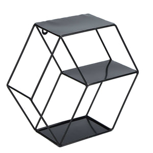Hex Shelves black wrought iron geometric wall shelf with glossy finish and three angular display tiers