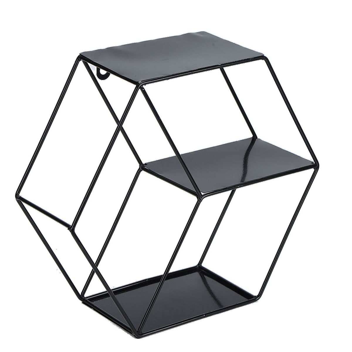 Hex Shelves black wrought iron geometric wall shelf with glossy finish and three angular display tiers