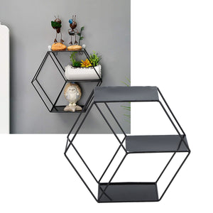 Hex Shelves, black wrought iron geometric wall shelf with a hexagonal frame and three dark display platforms