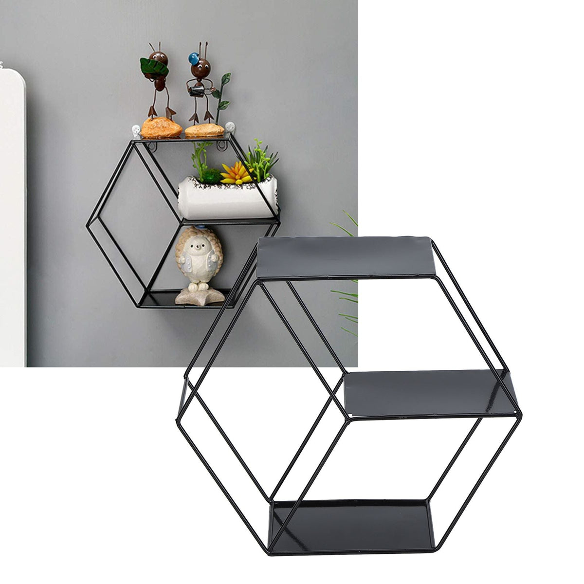 Hex Shelves, black wrought iron geometric wall shelf with a hexagonal frame and three dark display platforms