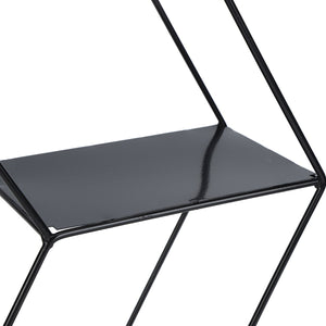 Hex Shelves in black wrought iron, featuring an open geometric hexagonal frame and a smooth solid display platform