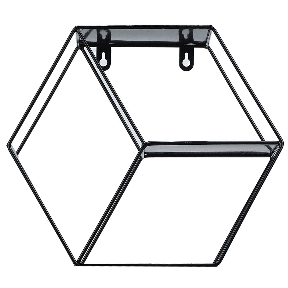 Hex Shelves black wrought iron hexagonal wall shelf with an open geometric frame and slim display ledge
