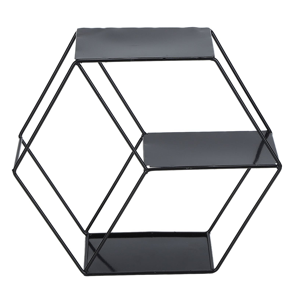 Hex Shelves geometric wall shelf in black wrought iron, with a hexagonal wire frame and three flat display tiers