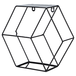 Hex Shelves black wrought iron wall shelf with angular hexagonal wire frame, open sides and slim top platform