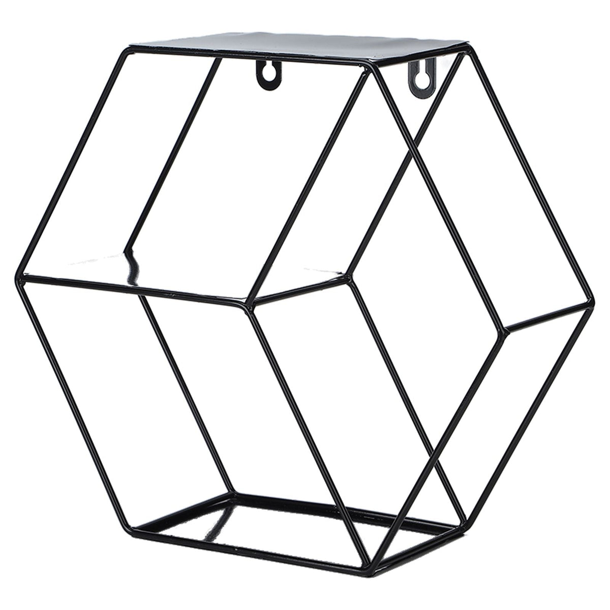 Hex Shelves black wrought iron wall shelf with angular hexagonal wire frame, open sides and slim top platform