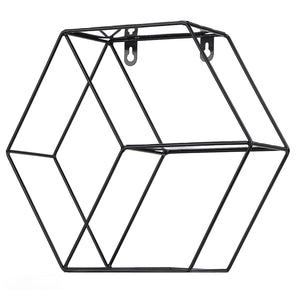 Hex Shelves wrought iron wall shelf in black, formed from thin geometric hexagonal wire frames with hanging hooks