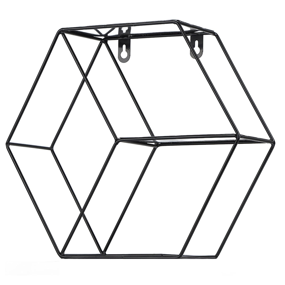 Hex Shelves wrought iron wall shelf in black, formed from thin geometric hexagonal wire frames with hanging hooks