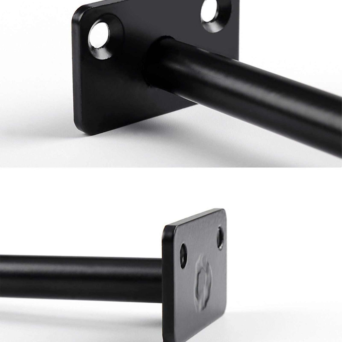 Hidden Floating Shelf Bracket in black iron, with a concealed cylindrical support rod and flat mounting plate with screw holes