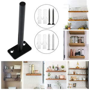 Hidden Floating Shelf Bracket, black iron rod support with a flat mounting plate and screw holes, shown with wall fixings