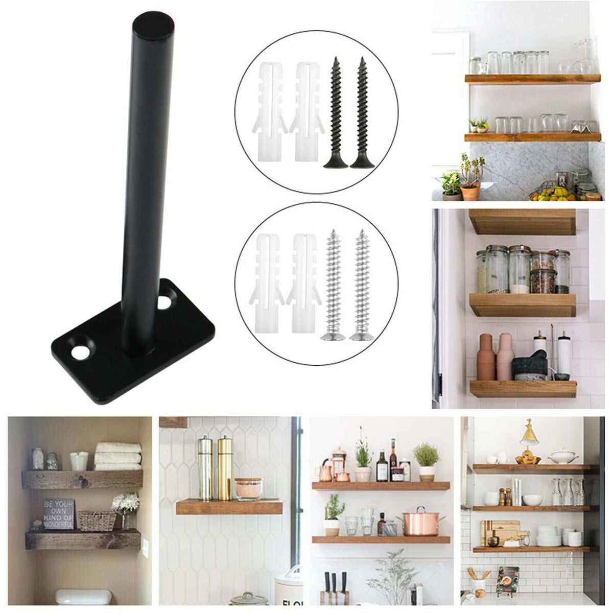 Hidden Floating Shelf Bracket, black iron rod support with a flat mounting plate and screw holes, shown with wall fixings