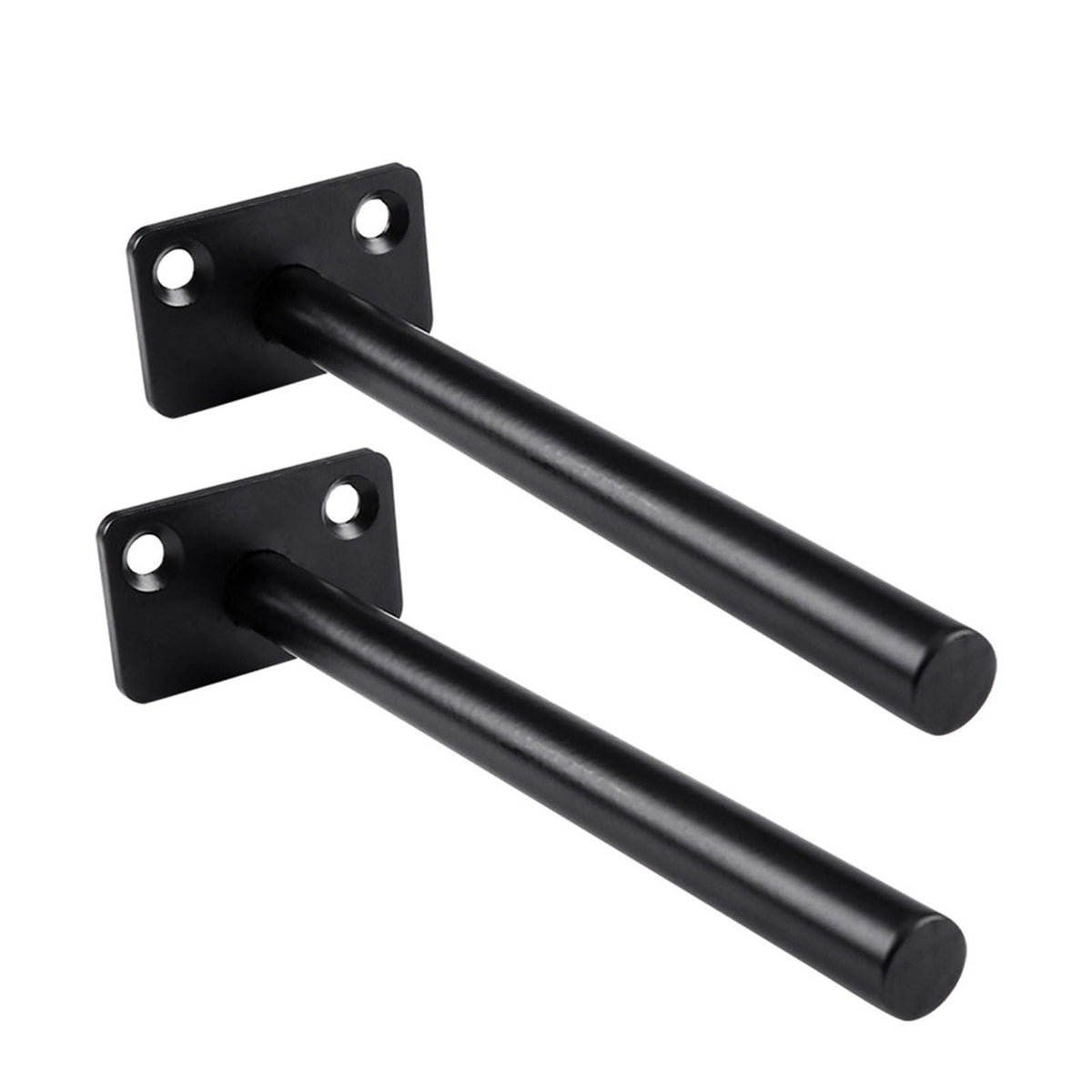 Hidden Floating Shelf Bracket in black iron, featuring a flat two-hole wall plate and a long cylindrical support rod.