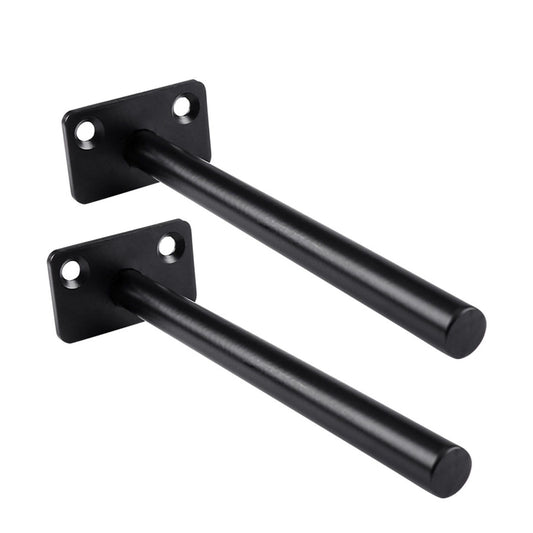Hidden Floating Shelf Bracket in black iron, featuring a flat two-hole wall plate and a long cylindrical support rod.