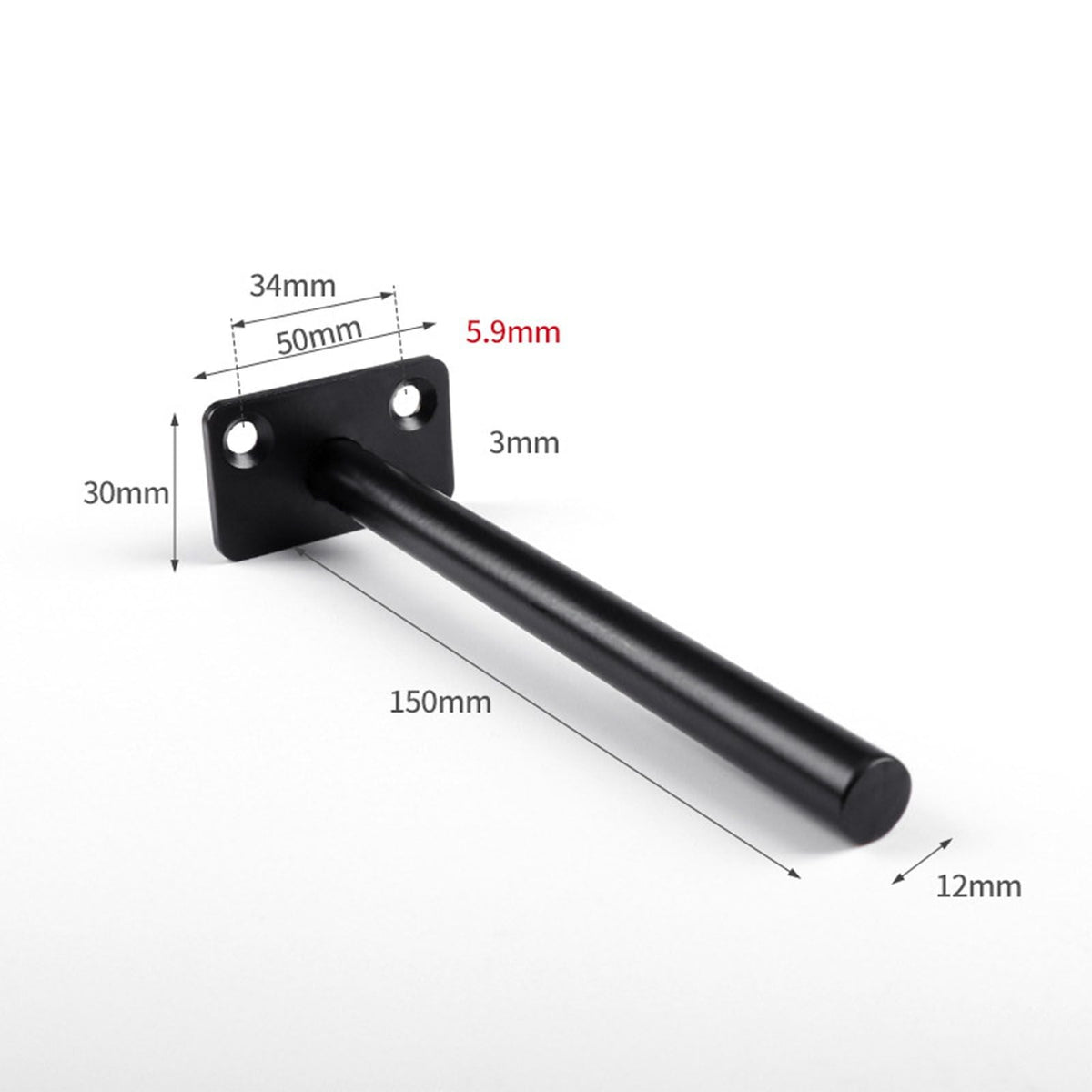 Hidden Floating Shelf Bracket with a black iron finish, flat two-hole wall plate and long cylindrical support rod.