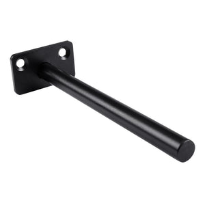 Hidden Floating Shelf Bracket with a black iron finish, featuring a flat two-hole mounting plate and a long round support rod.