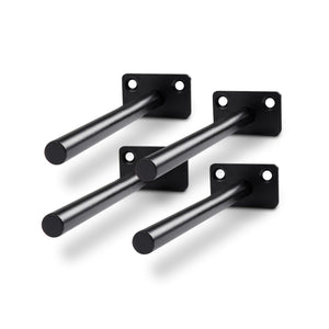 Hidden Floating Shelf Bracket set with four black metal rods and rectangular wall plates, each with two mounting holes