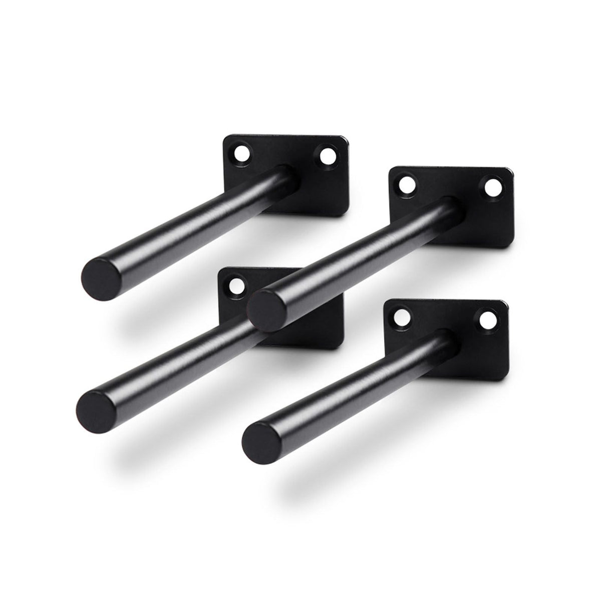 Hidden Floating Shelf Bracket set with four black metal rods and rectangular wall plates, each with two mounting holes