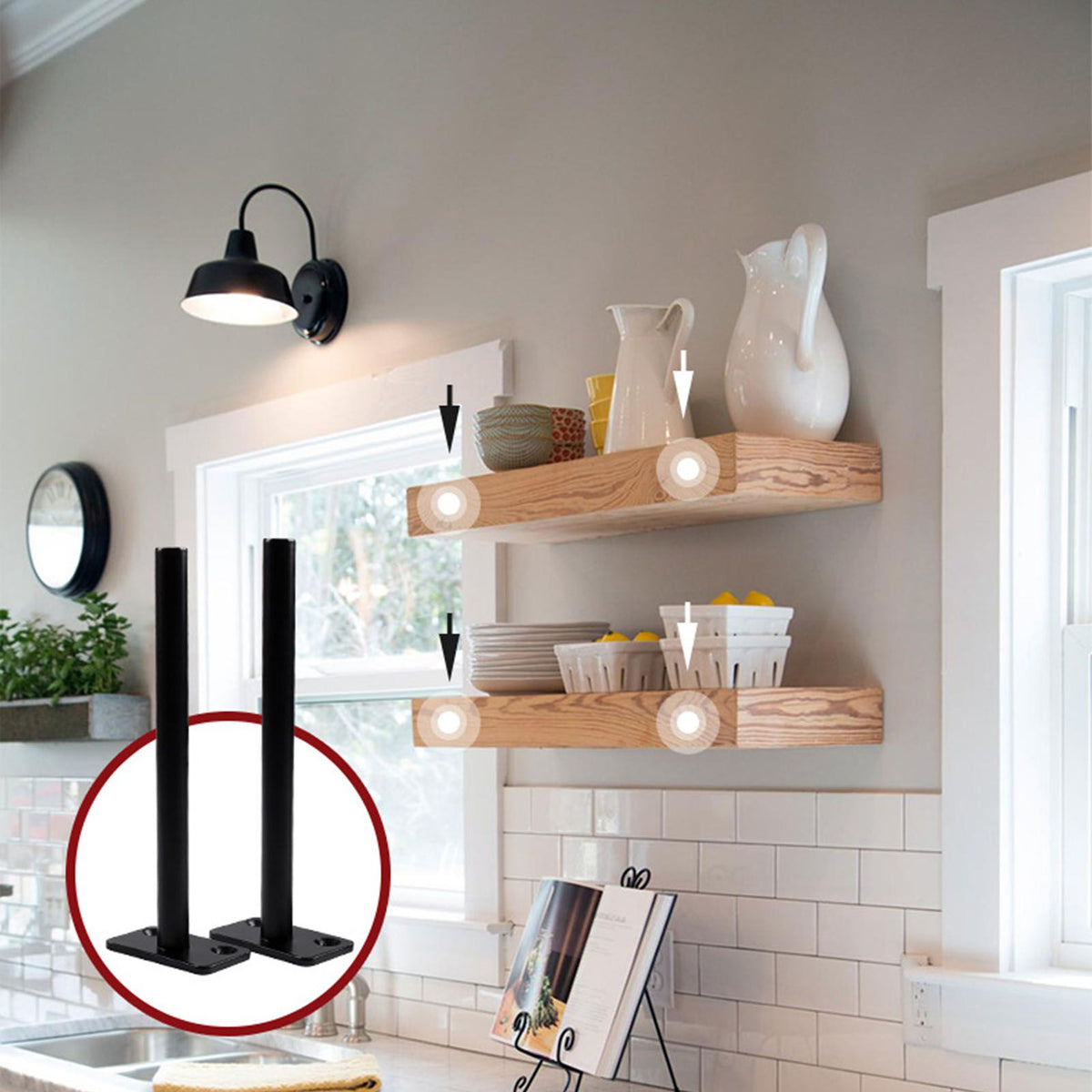 Hidden Floating Shelf Bracket supports, black metal rods with flat mounting plates shown holding wooden floating shelves