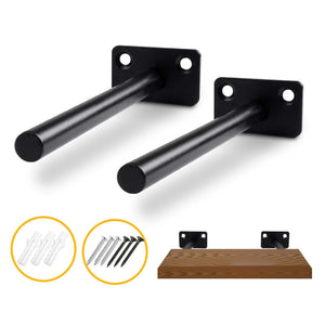 Hidden Floating Shelf Bracket supports in black metal, with round rods, rectangular mounting plates and screw fixings