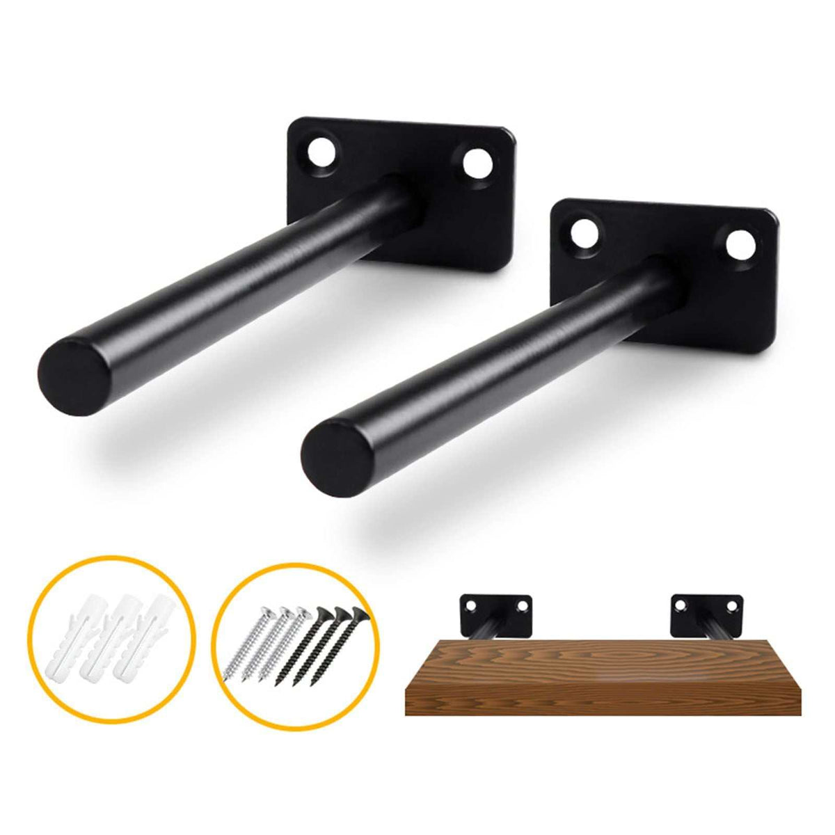 Hidden Floating Shelf Bracket supports in black metal, with round rods, rectangular mounting plates and screw fixings