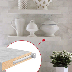 Hidden Floating Shelf Bracket, a concealed silver metal rod fitted inside a light wood shelf for an invisible wall mount