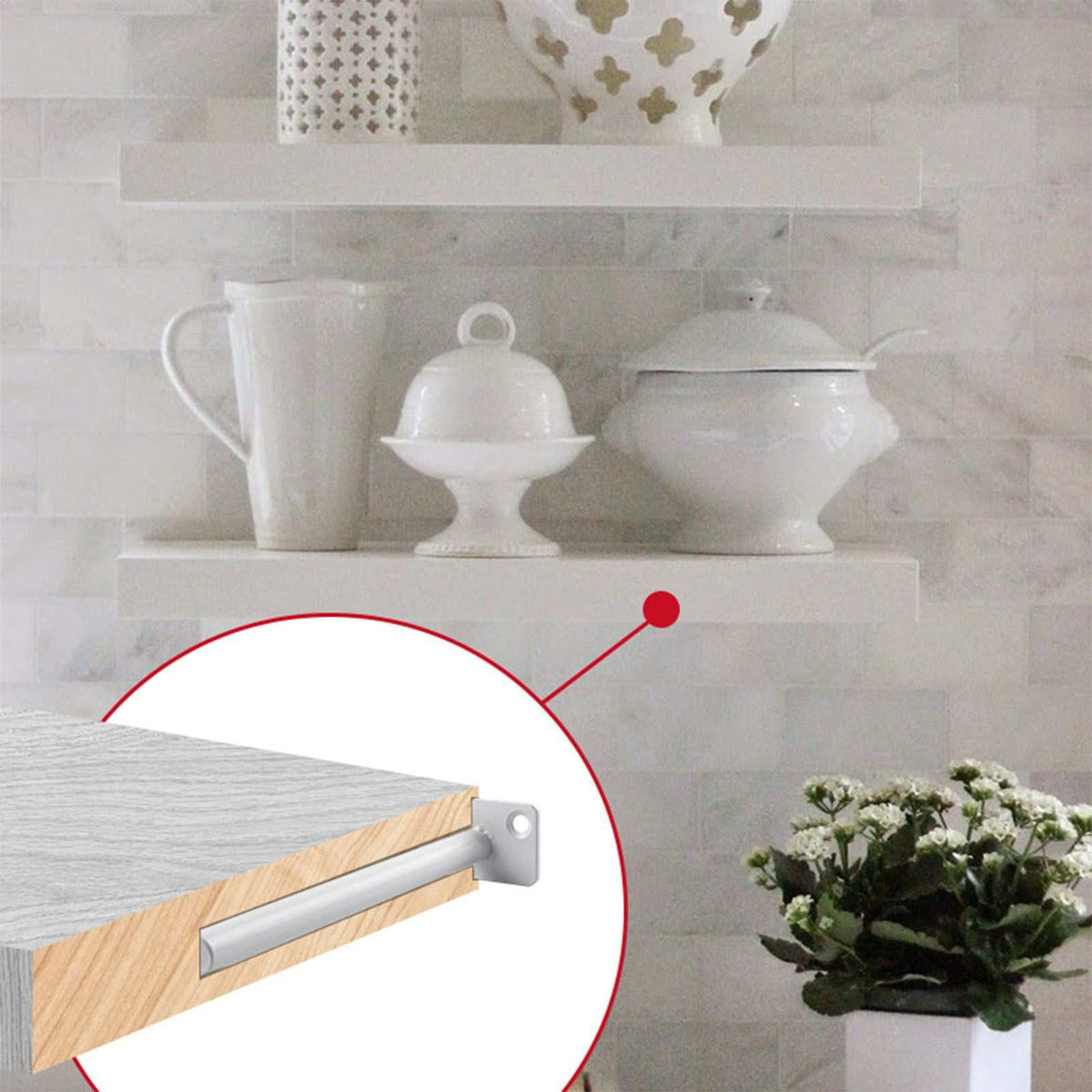 Hidden Floating Shelf Bracket, a concealed silver metal rod fitted inside a light wood shelf for an invisible wall mount