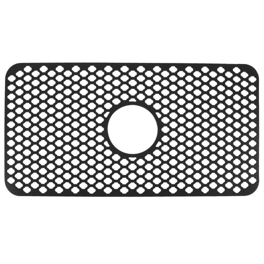 Hollow Insulated Kitchen Sink mat in black silicone, with a honeycomb grid pattern and large central drain opening
