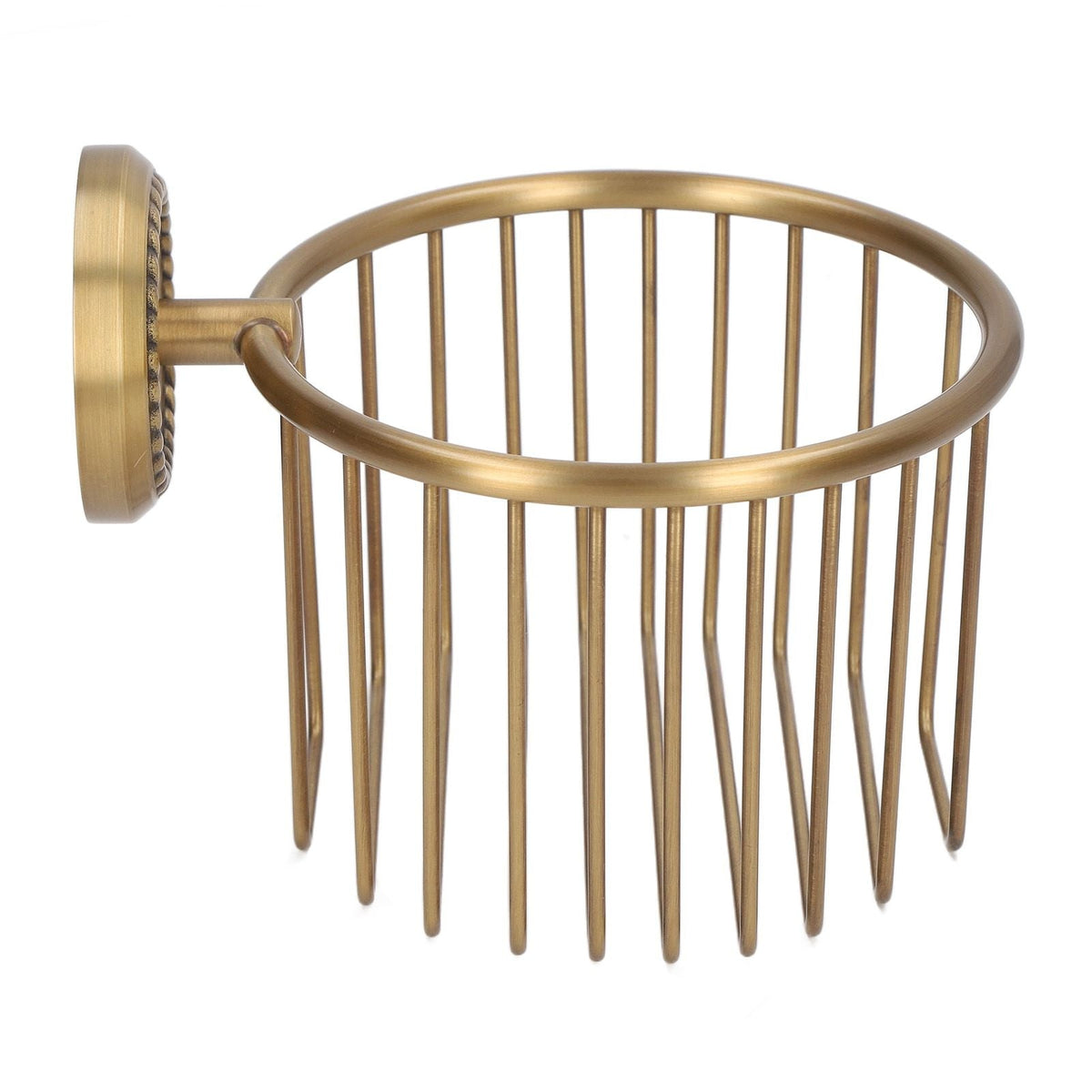 Hollow Out Toilet Paper Holder in antique brass with an open oval cage, vertical rods and decorative wall mount