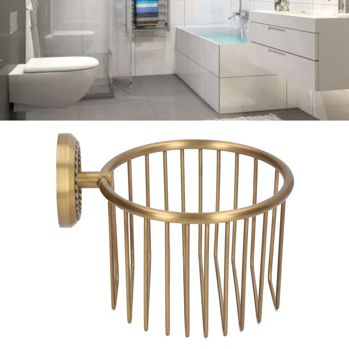 Hollow Out Toilet Paper Holder in antique brass-tone metal, featuring an open cage design and circular wall mount