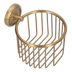 Hollow Out Toilet Paper Holder in antique brass-tone metal, featuring an open wire basket and ornate round wall mount