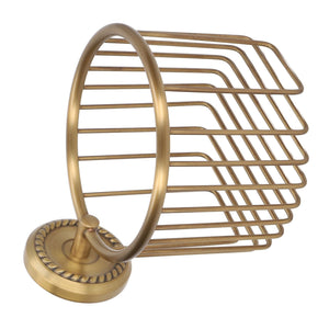 Hollow Out Toilet Paper Holder in antique brass-tone metal, with an open wire cage, circular roll arm and decorative round mount
