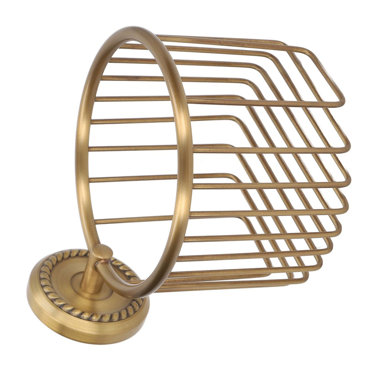 Hollow Out Toilet Paper Holder in antique brass-tone metal, with an open wire cage, circular roll arm and decorative round mount